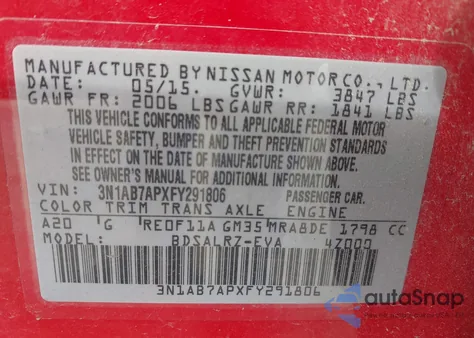 2015 Nissan Sentra Sr z USA, uszkodzony, nr VIN 3N1AB7APXFY291806